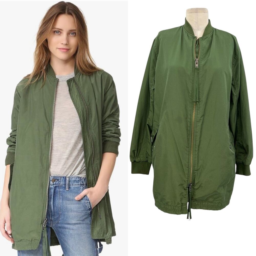 Vince Oversize Parka Bomber Jacket Coat Long Zip Lightweight Green Size XS